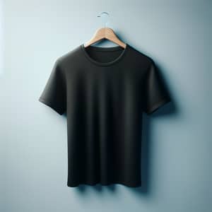 Minimalist Black T-Shirt on Wooden Hanger | High-Resolution Product Photo