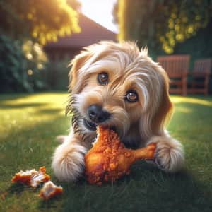 Playful Dog Enjoying Fried Chicken in Backyard