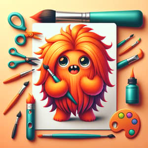 Vibrant 3D Orange Cute Monster with Art Tools