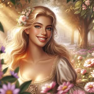 Enchanting Garden with Smiling Blonde Princess