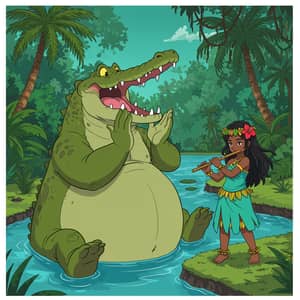 Friendly Green Giant Crocodile & Anime Island Girl