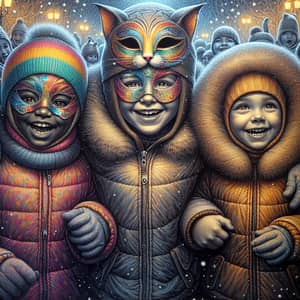 Winter Joy: Multicultural Children in Carnival Masks