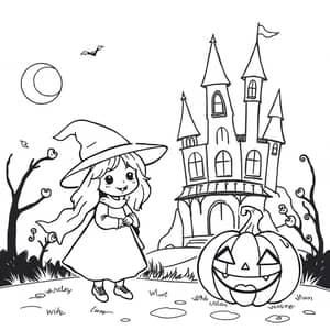 Kawaii Witch & Pumpkin Coloring Page for Halloween