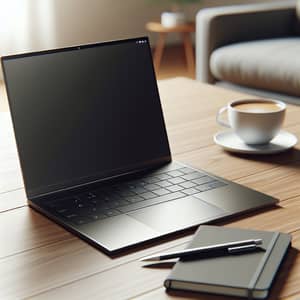 Home Office Workspace Setup with Laptop, Coffee, and Notebook