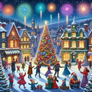 Festive New Year Celebration | Colorful Houses, Christmas Tree, Fireworks