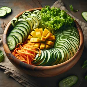 Finely Sliced Salad Vegetables in Wooden Bowl