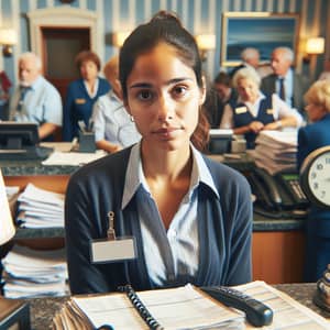 Dedicated Hotel Employee Managing Front Desk Amidst Chaos