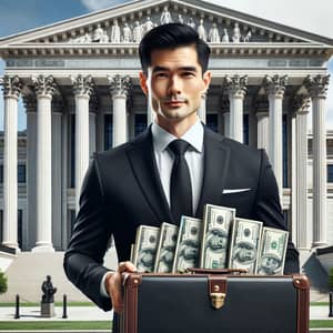 Asian Cryptocurrency Entrepreneur at U.S. Courthouse with Cash