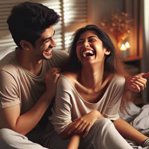 Happy Young Asian Couple Enjoying Playful Moment in Bedroom