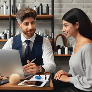 Diverse Video Call: Male Customer Service Rep Assists Female Barber