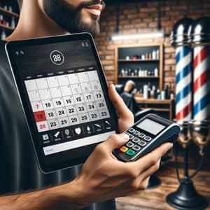 Hispanic Barber Holding Calendar on Tablet | Modern Barbershop