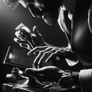 Vintage-Inspired Close-Up of Middle-Eastern Barber's Hand with Modern Tablet