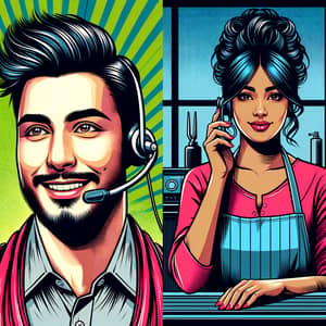 Comic Book Style Hispanic Customer Service Representative and South Asian Barber