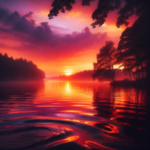 Tranquil Sunset Scene Over Lake with Silhouetted Trees