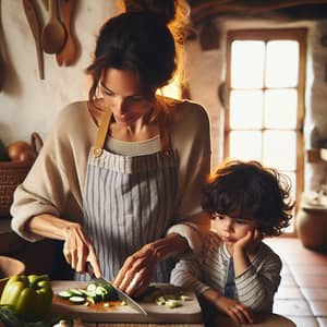 Caucasian Mother and Hispanic Son Cooking Together | Rustic Kitchen Scene