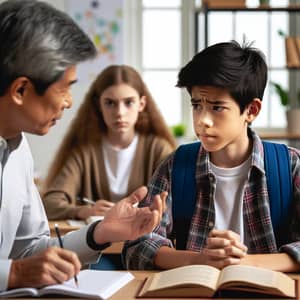 Frustrated Boy Complains to Professor in Classroom Scene