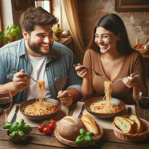 Young Overweight Couple Enjoying Plate of Spaghetti Together