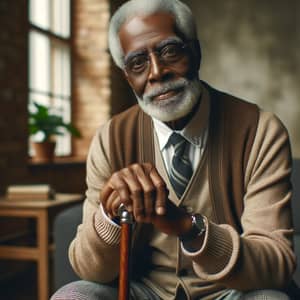 Elderly Black Man Sitting with Cane