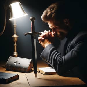 Contemplative Man with Sword and Bible | Symbol of Strength and Faith