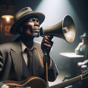 Passionate Blues Musician Singing Into Vintage Megaphone