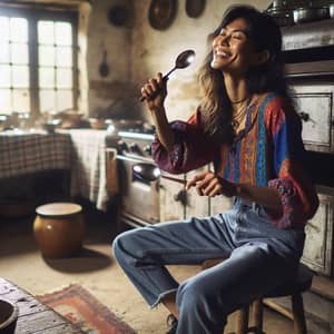 South Asian Female Playing Spoons in Rustic Kitchen