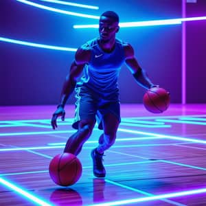 Futuristic Man Playing Basketball with Blue and Purple Lights