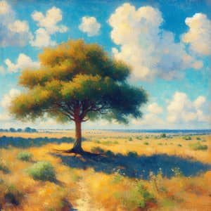 Impressionist Lonely Tree Painting - Serene Landscape Artwork