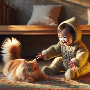 Adorable Baby and Cat Scene on Plush Carpet