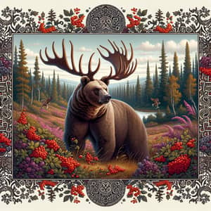 Serene Scene: Brown Bear with Elk Antlers and Wild Berries