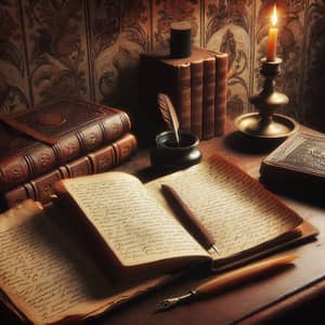 Vintage Desk Scene: Antique Wooden Desk with Open Book and Quill