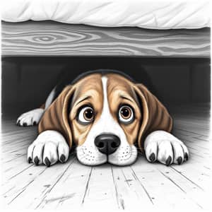 Pencil Drawing of a Pixar-style Beagle Under Bed