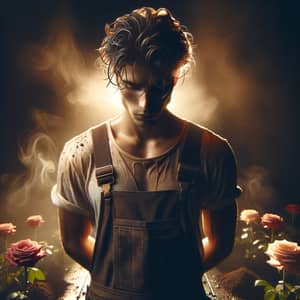 Dreamy Gardener in a Black Room with Roses and Soil
