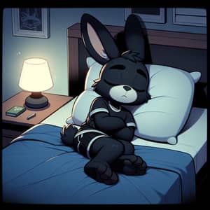 Anthropomorphic Black Rabbit Sleeping in Modest Sleepwear