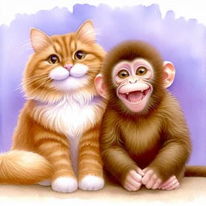 Joyful Interspecies Friendship: Ginger Cat and Playful Monkey Watercolor Painting