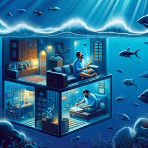 Surreal Underwater Habitat - South Asian Man in Ocean