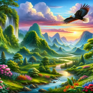 Tranquil Natural Landscape with Eagle Soaring | Website Name