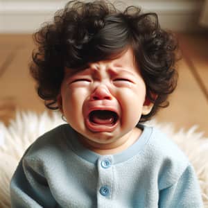 Cute Crying Baby in Blue Onesie on White Blanket