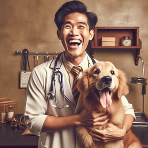 Happy Retro Style Veterinarian with Dog Care