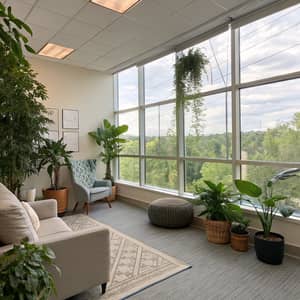 Calming Therapy Office with Natural Light & Plants