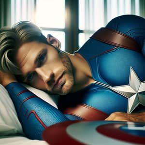 Heroic Man in Blue Outfit Resting with Iconic Shield