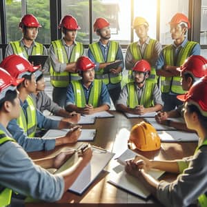 36 Construction Workers in Red Helmets Learning Together