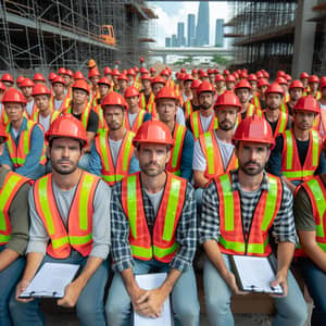 36 Construction Workers Learning Session with Red Helmets and Reflective Vests