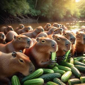 Diverse Group of Capybaras Munching on Cucumbers