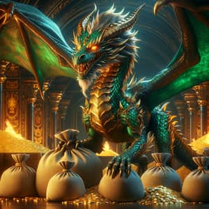 Emerald Green Dragon in Gold-Laden Treasury