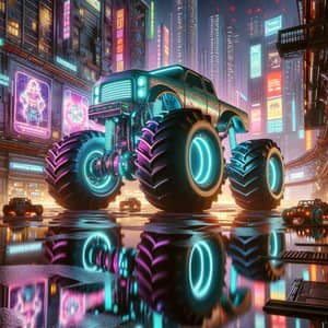 Futuristic Monster Truck in Cyberpunk Cityscape