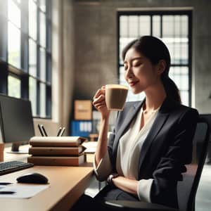 Office Worker Enjoying Coffee Break in Modern Workspace