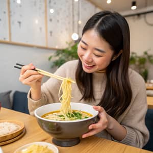 18-Year-Old Woman Enjoying Ramen with Chopsticks