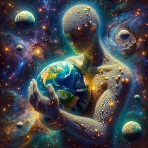 Cosmic Dust Humanoid Cradling Earth | Surreal Art