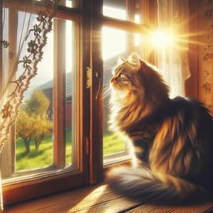 Fluffy Cat Enjoying Sunlight by Rustic Window | Serene Landscape View