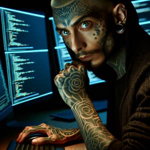 Enigmatic Hacker Character with Intricate Tattoos